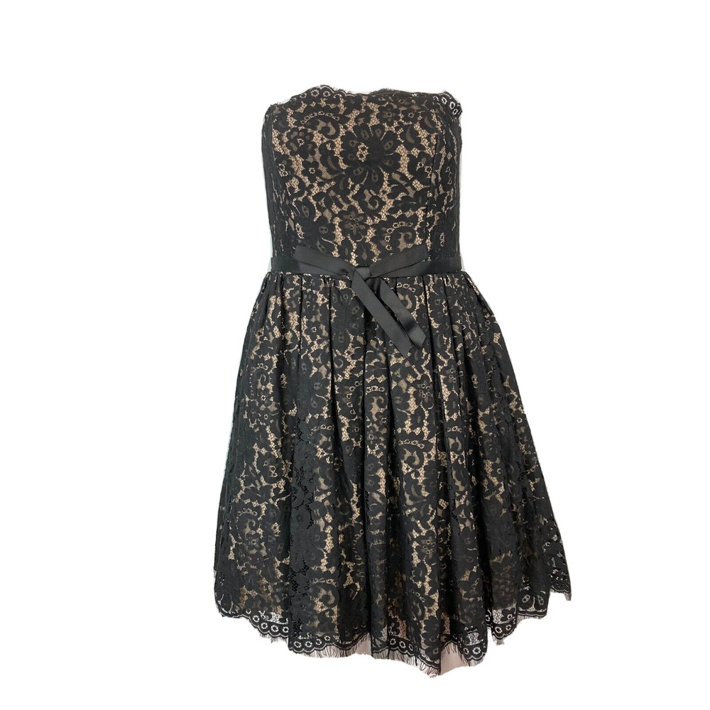 Robert Rodriguez Dress Women Sz 6 Black Beige Lace Strapless Fit And Flare Bow